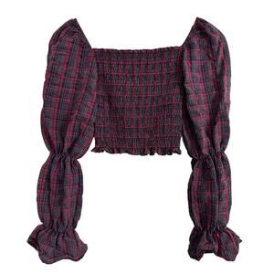 Zara Blue Red Plaid Puff Sleeve Smocked Cropped Top Size XS